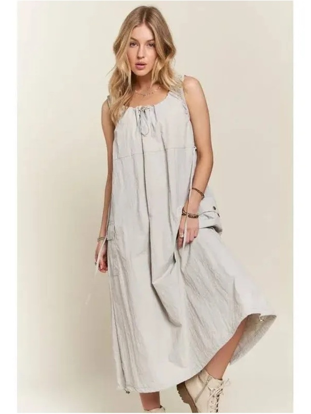 Adora Drawstring Slit Back Cargo Dress- Light Gray